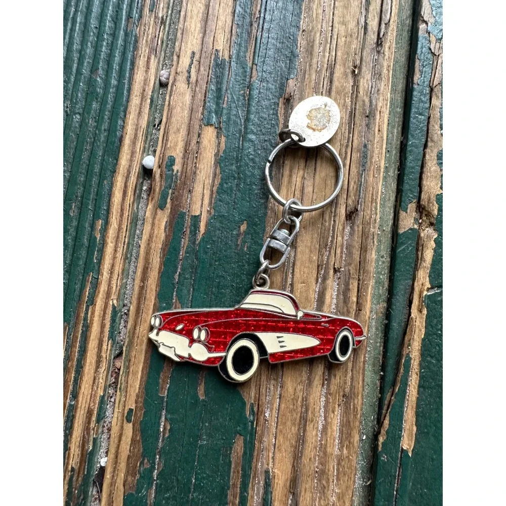 Vintage Red Glitter Enamel 1958 Corvette Car Keychain Retro Classic Auto Gift